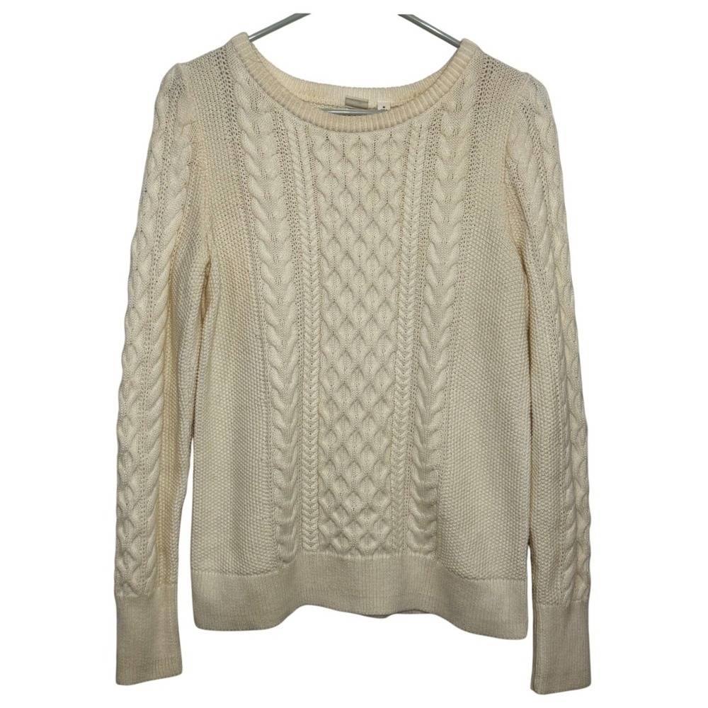Gap Sweater Cream Cable Knit Cotton Crew Neck Womens Size M Ivory Pullover